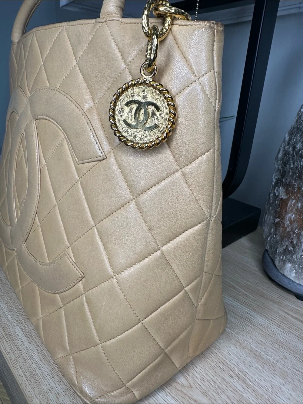 Authentic Chanel Medallion Tote Beige Lambskin Leather Vintage CC Bag